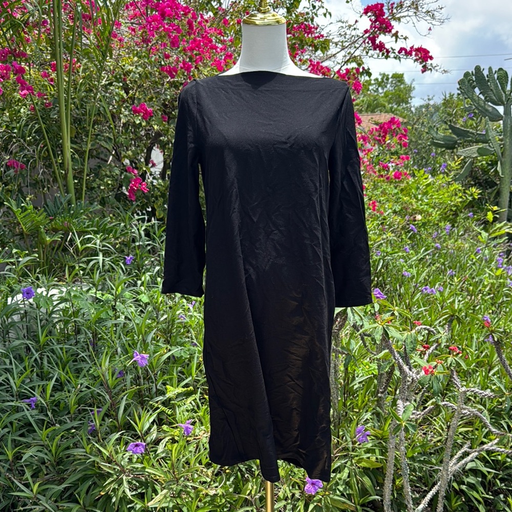 Eileen Fisher Black Sheath Dress Bateau Neck 3/4 Sleeve